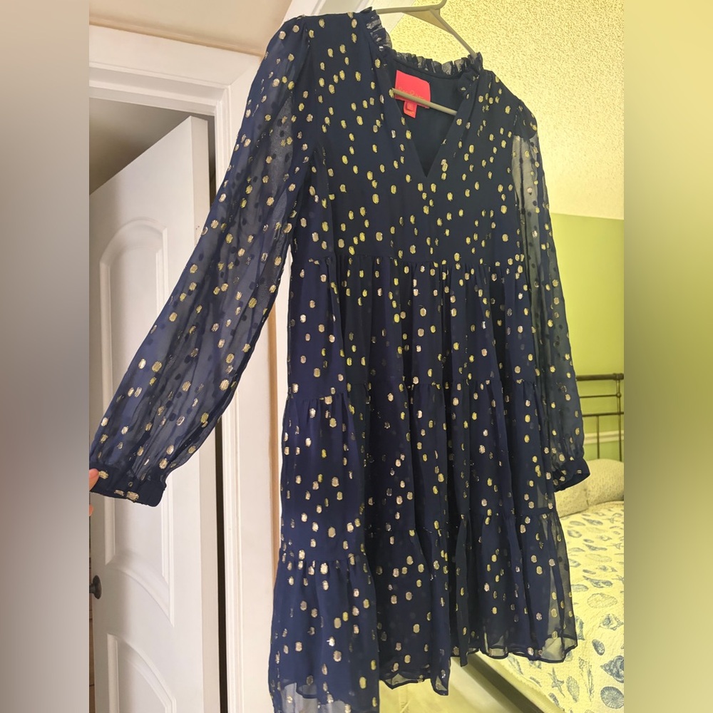 Lilly Pulitzer Dress Cleme Navy Blue Gold Silk Mini Long Sleeve